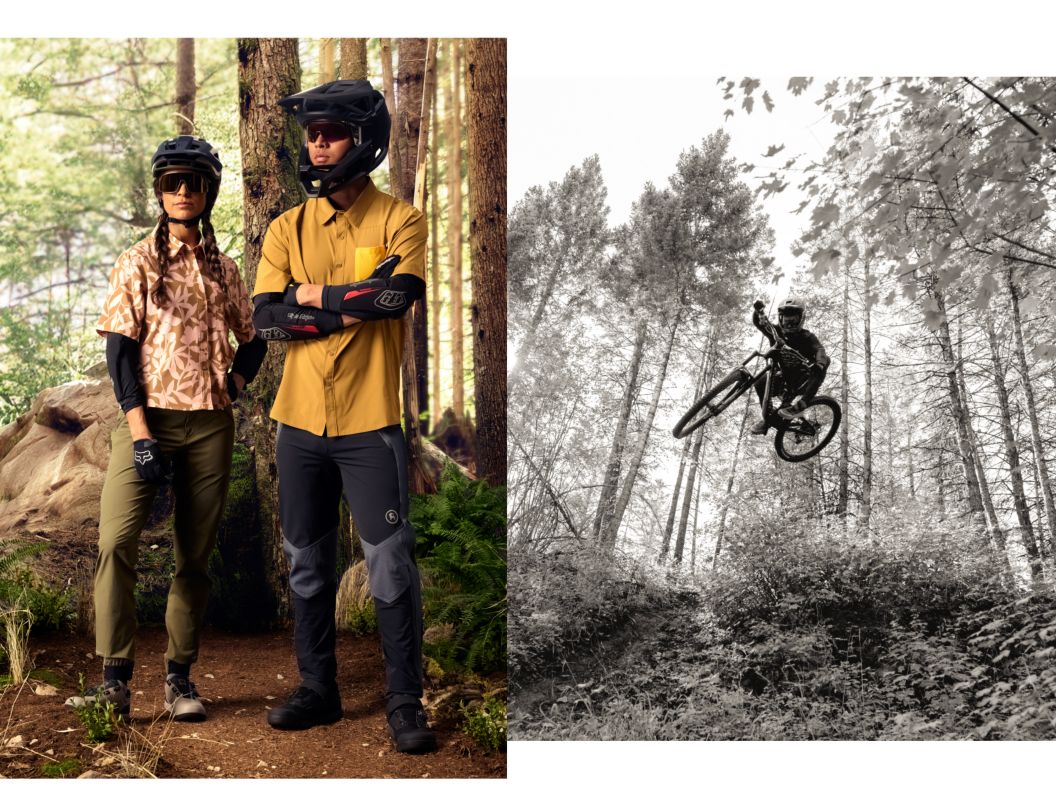 Two people in enduro gear stand beside each other on a trail, next to an image of a rider catching air. 
